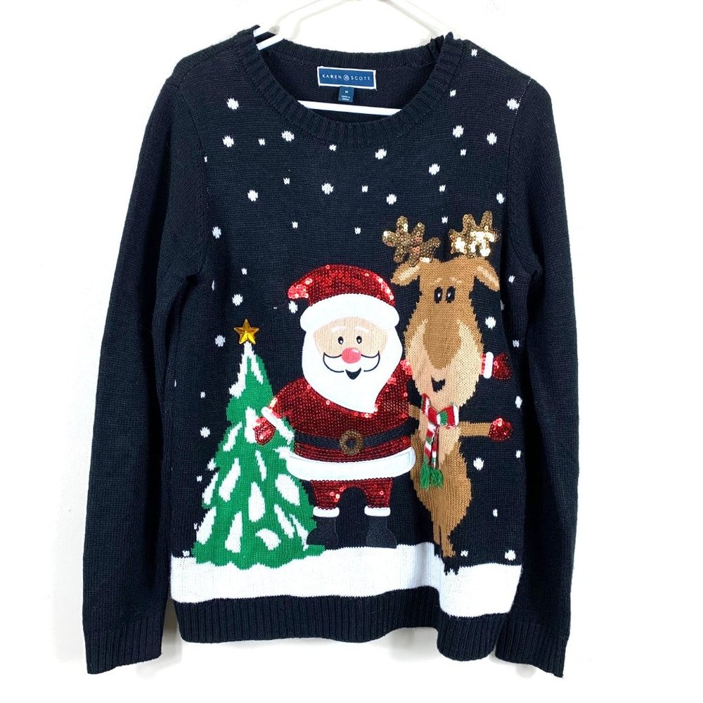 Black Ugly Christmas Sweater With Sequin Santa and Rudolph - Size Medium